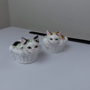 White Ceramic Cat in Basket Figurine - Set of 2